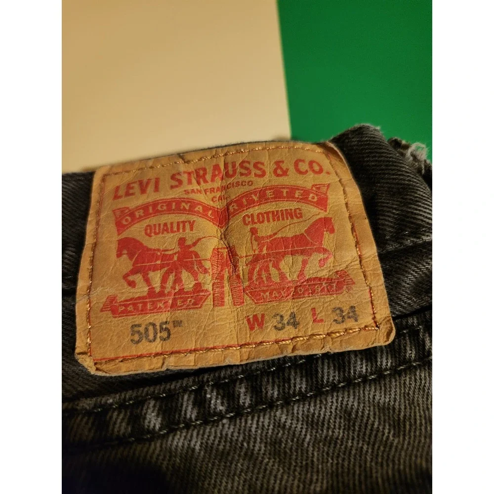 Levi's 505 Regular Fit Jeans Mens 34x34 Washed Black Straight Leg Distress Denim